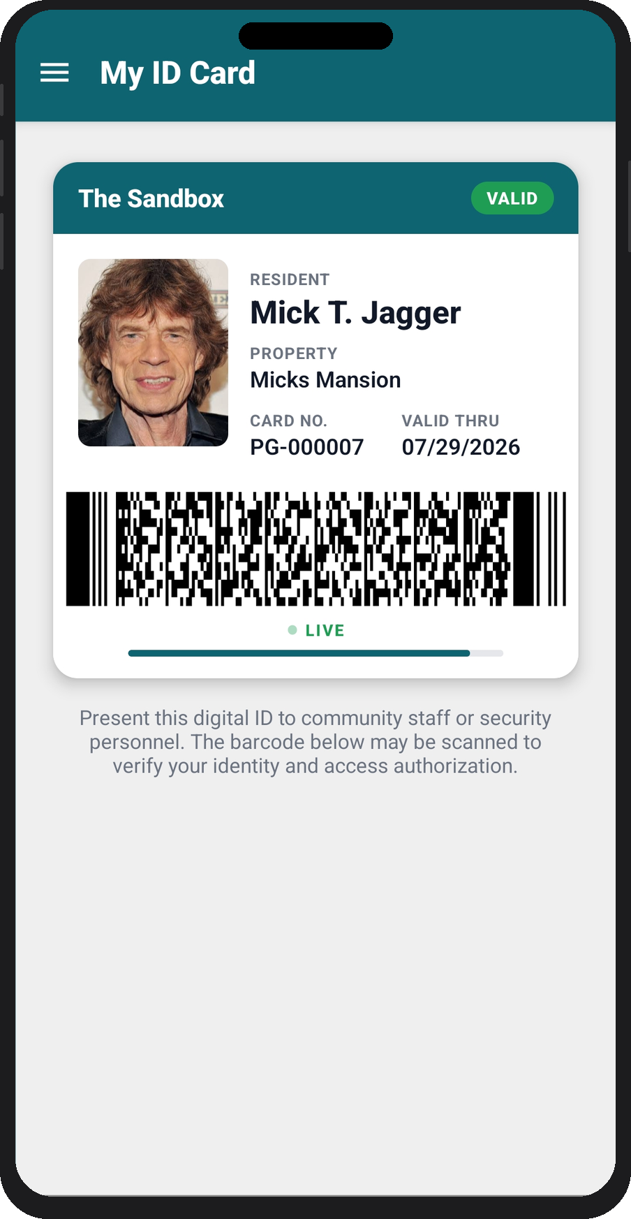 My ID Card — resident digital badge with live barcode