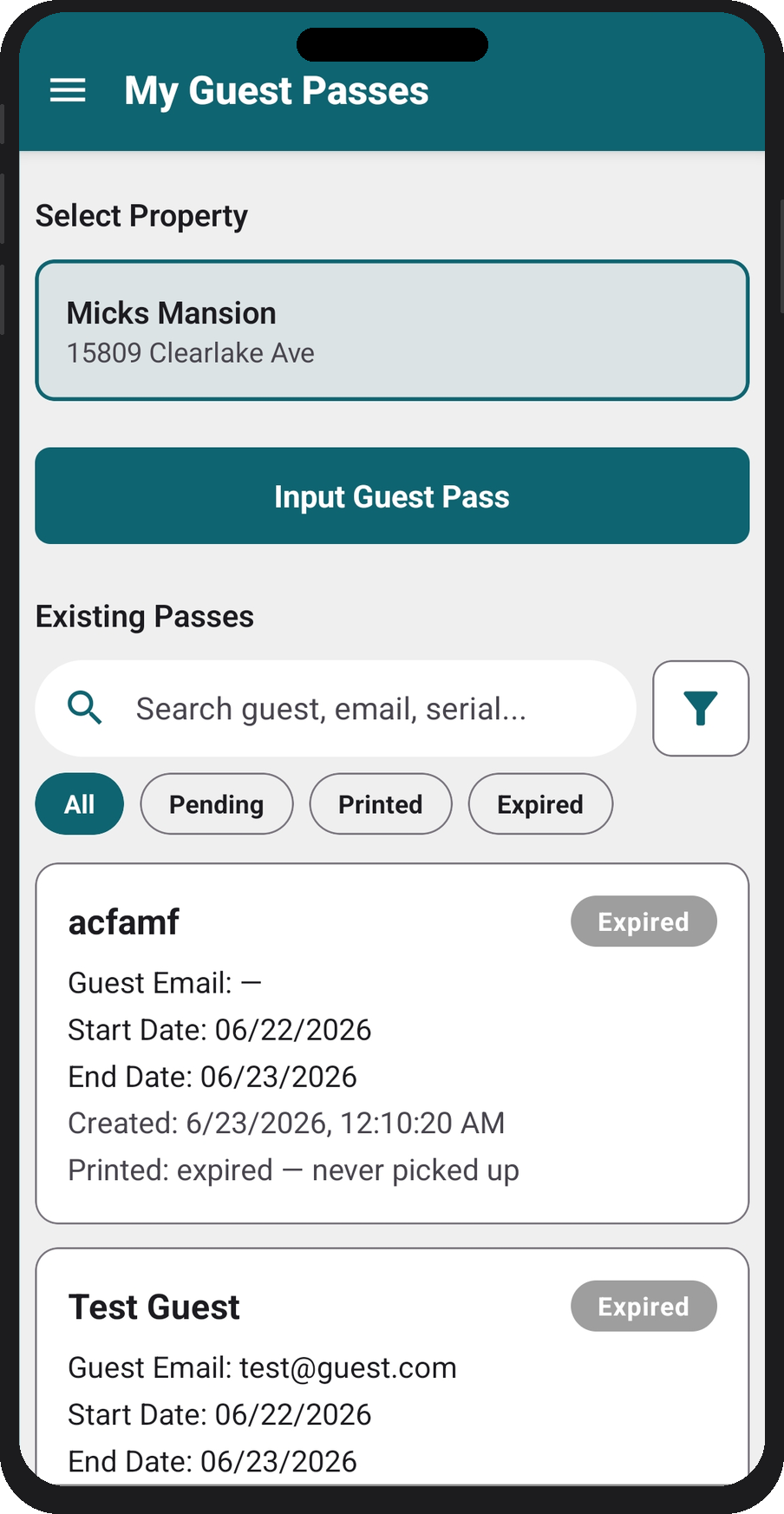 My Guest Passes — select property and tap Input Guest Pass