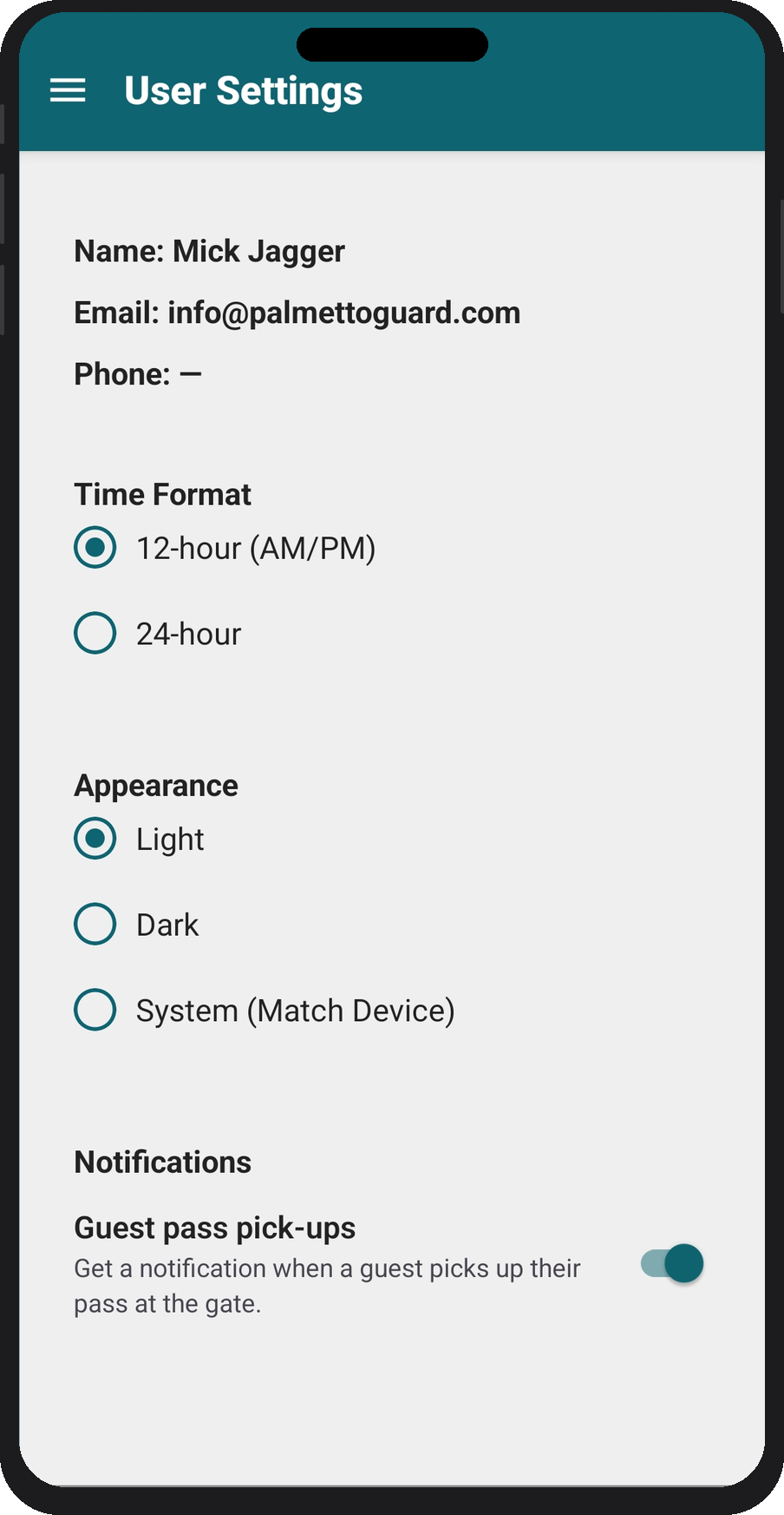 User Settings — time format, appearance, and notifications