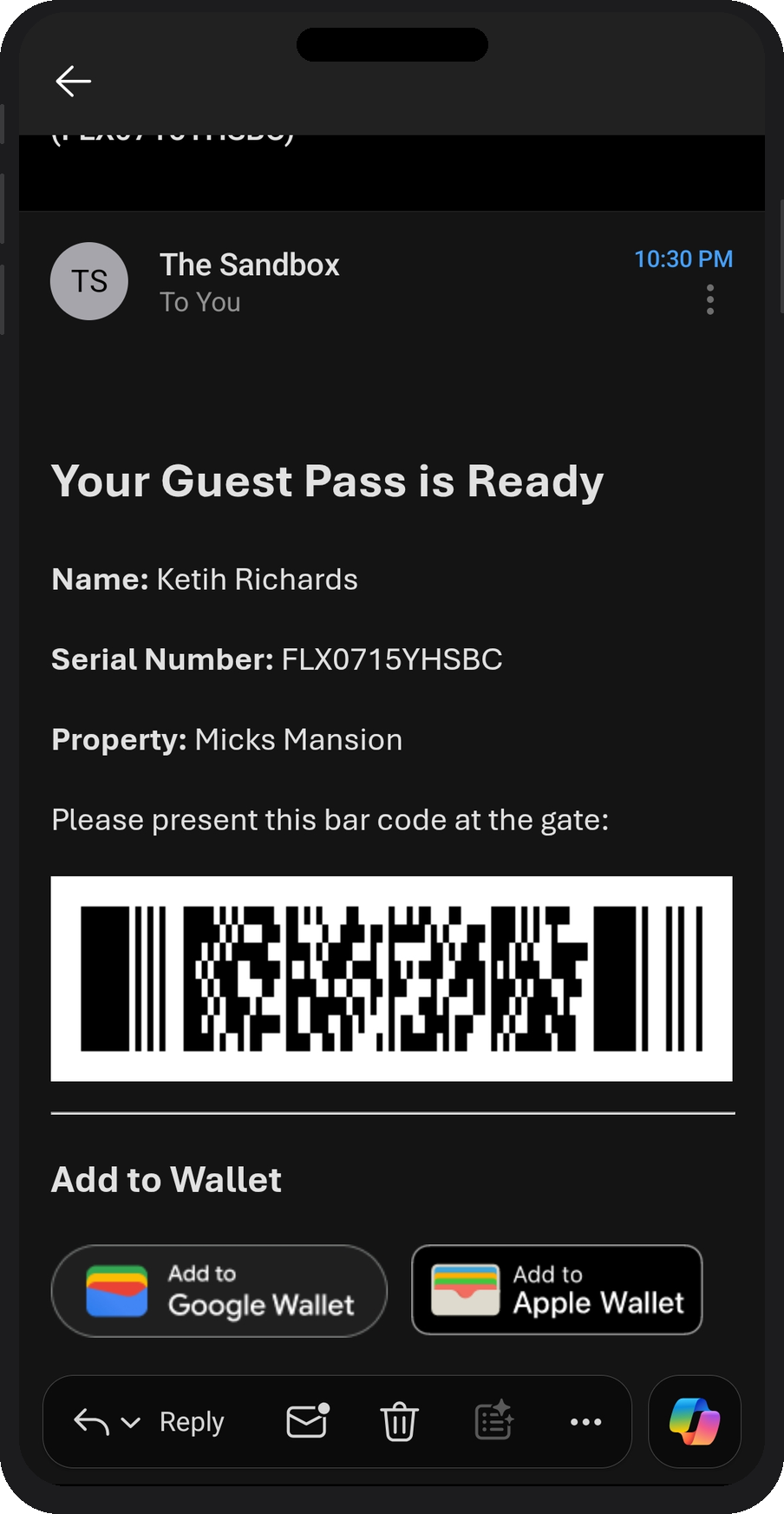Guest email — barcode and wallet links