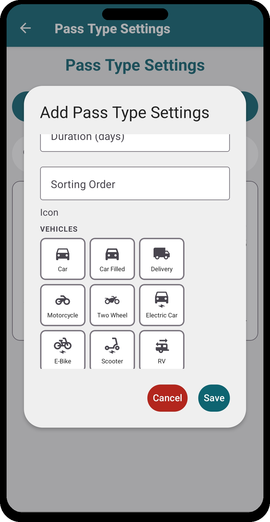 Add Pass Type — vehicle icon picker
