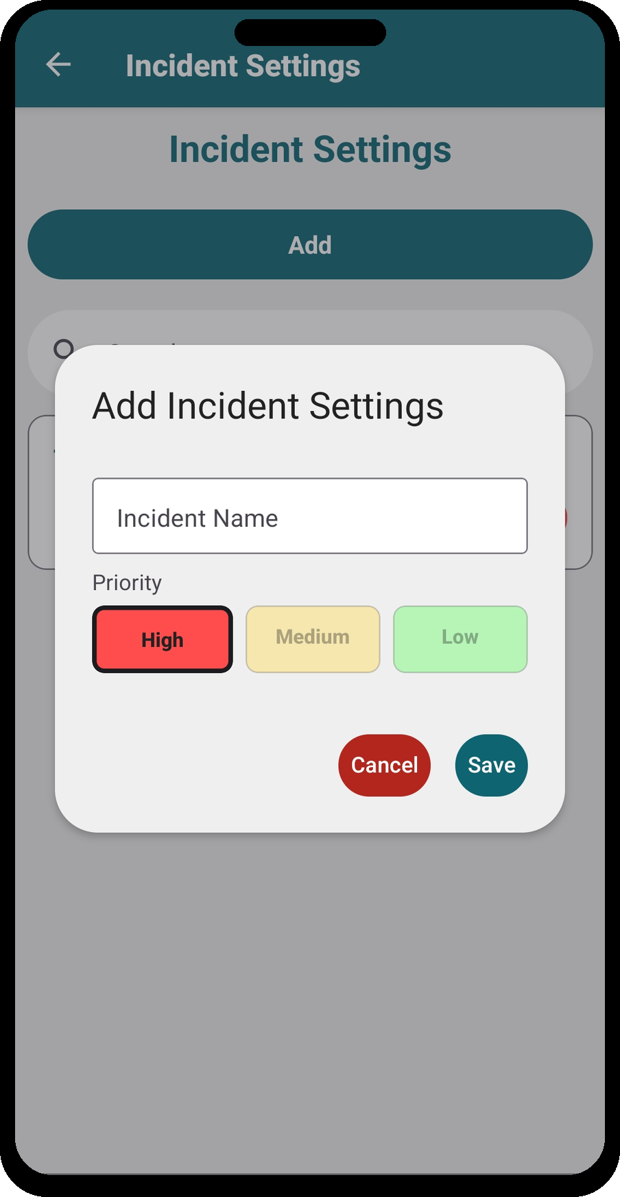 Incident Settings — adding an incident name and priority