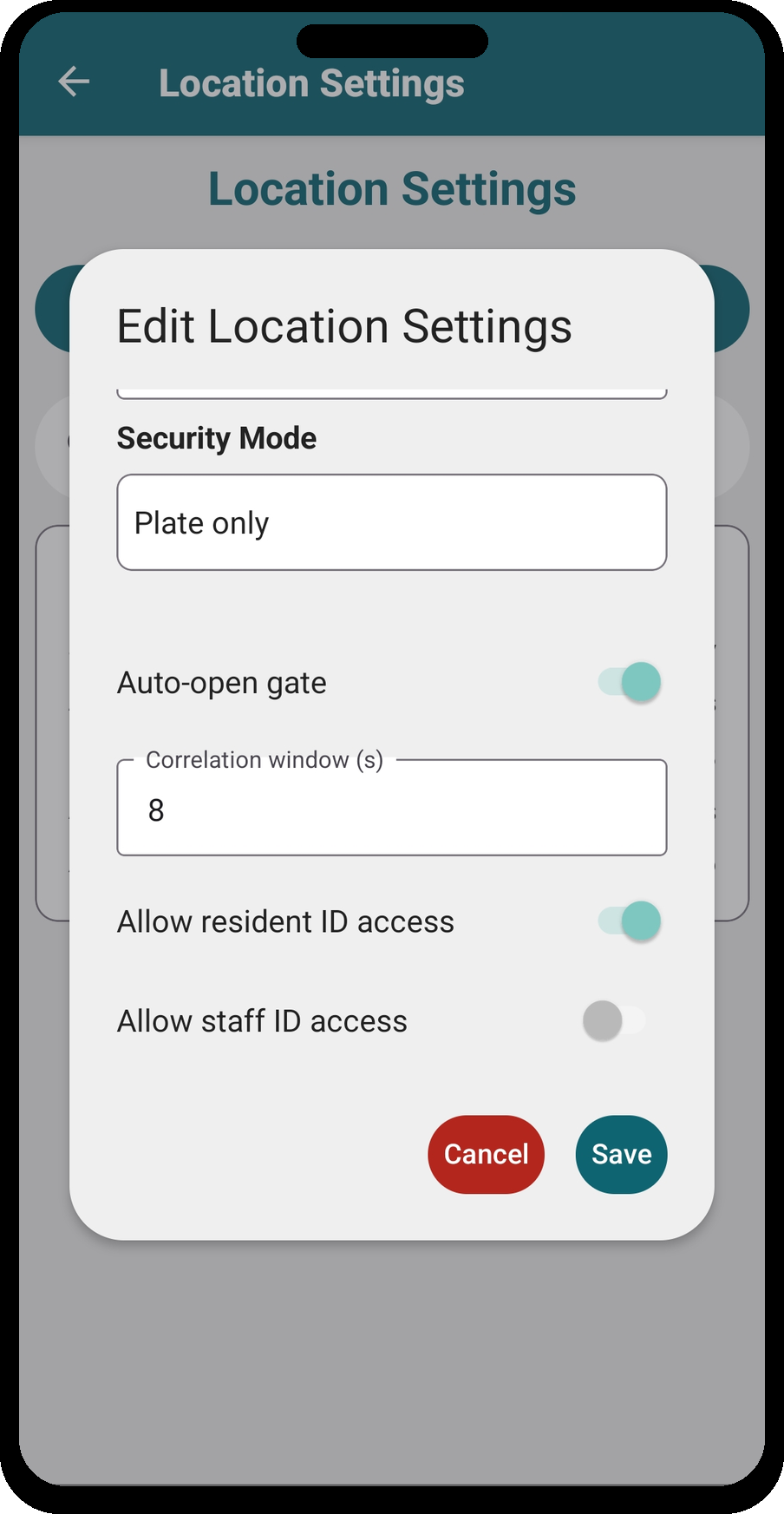 Edit Location — security mode, auto-open gate, and access settings