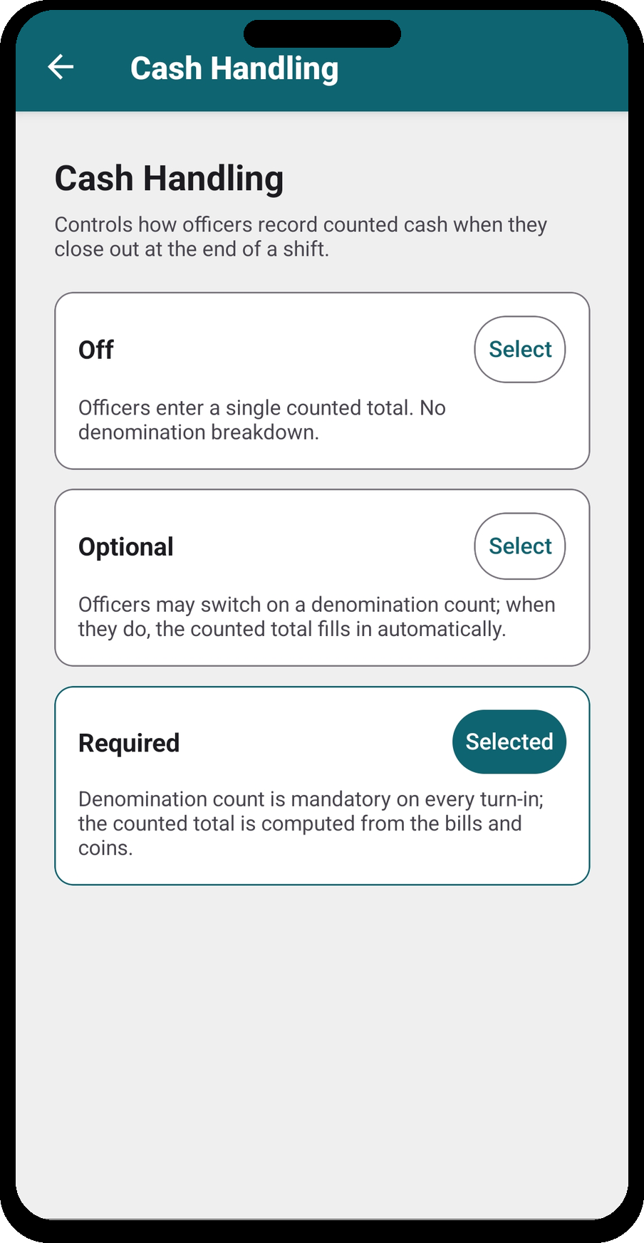 Cash Handling — Off / Optional / Required