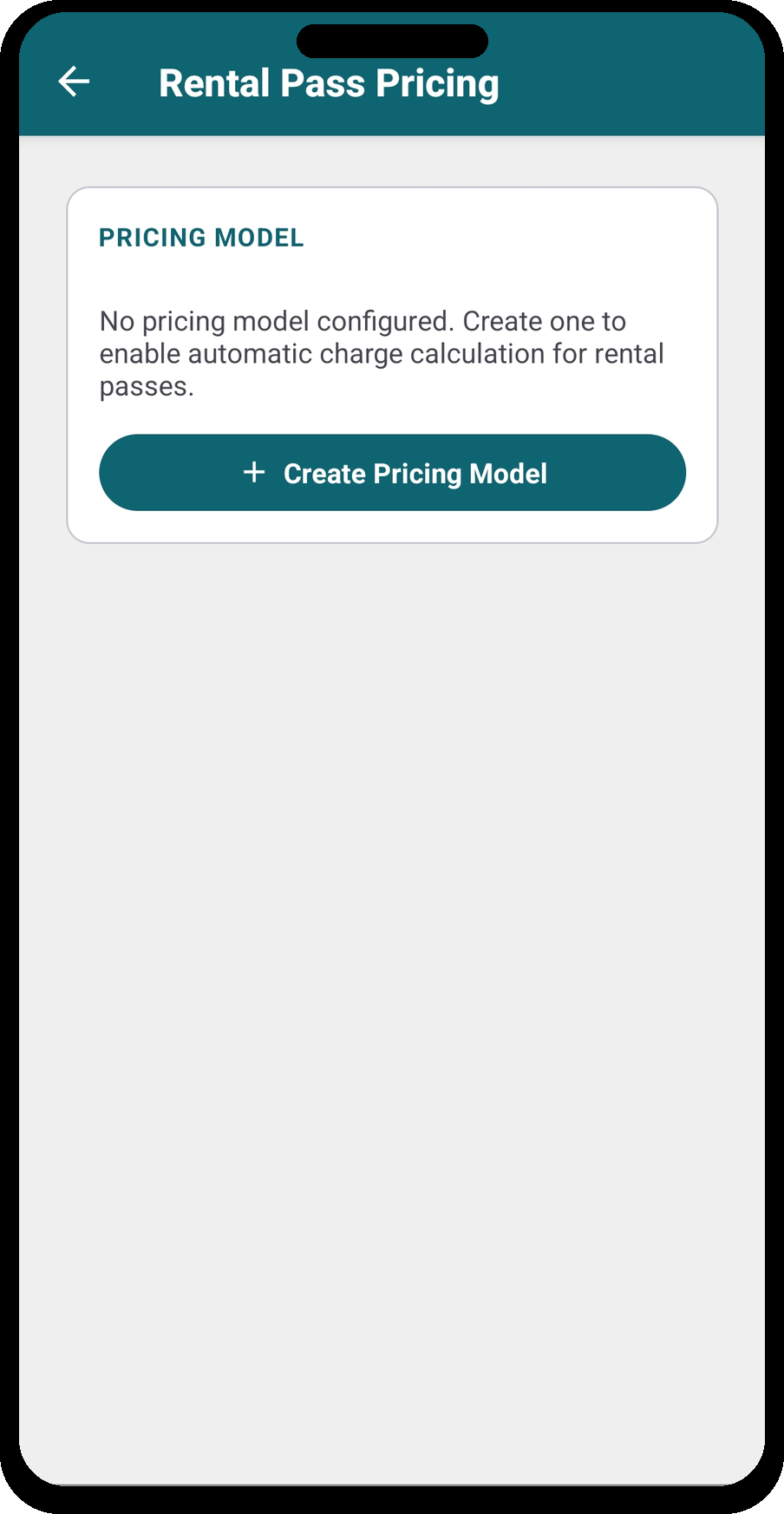 Rental Pass Pricing — empty state with Create Pricing Model button