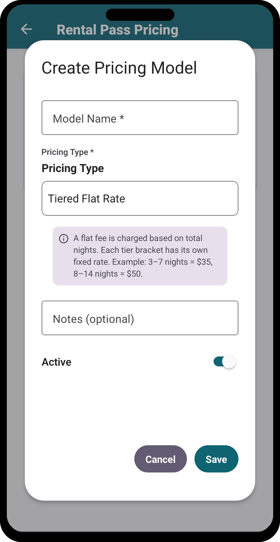 Create Pricing Model — Tiered Flat Rate selected