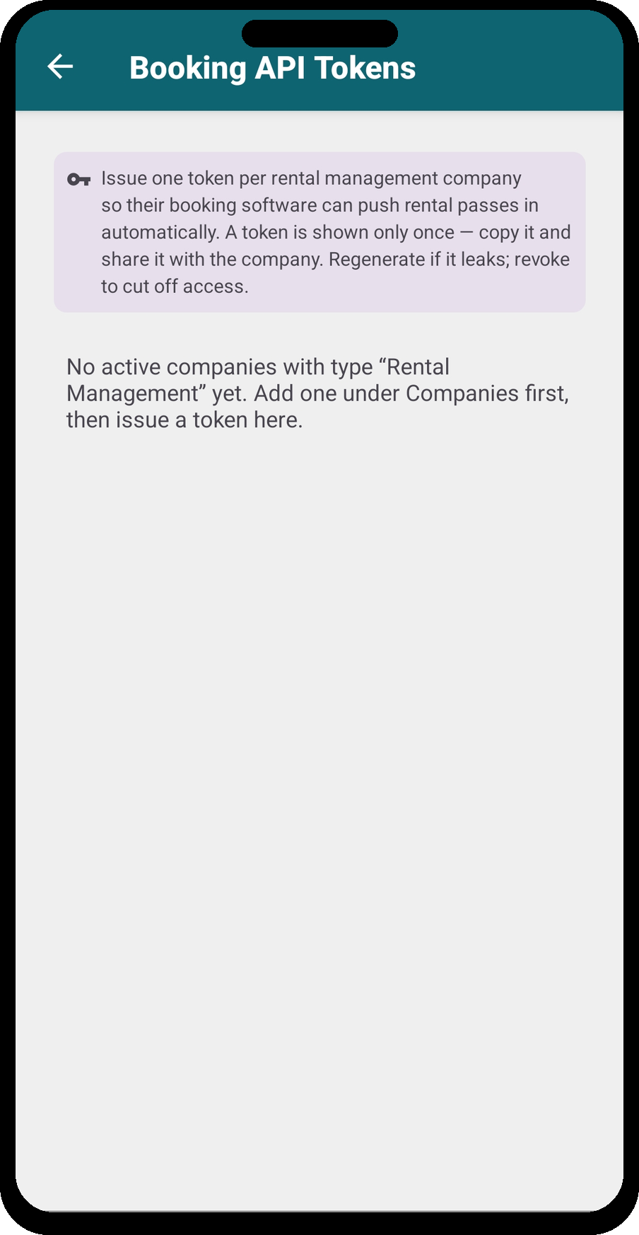 Booking API Tokens — empty state