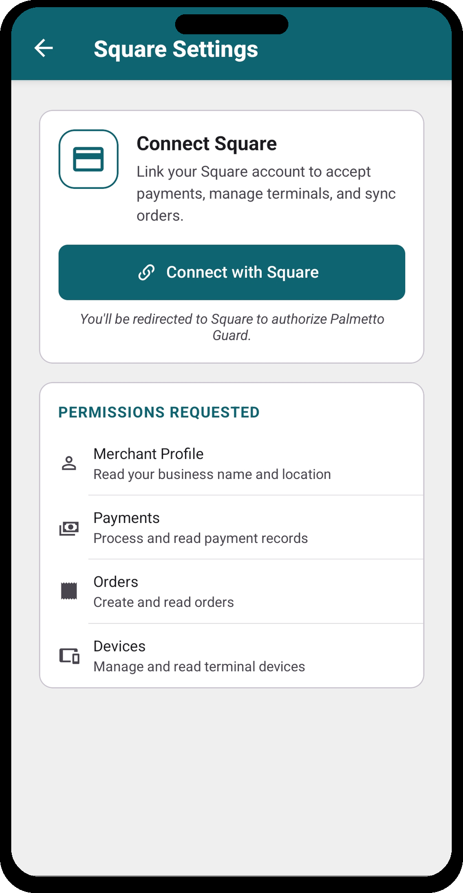 Square Settings — Link Square Account with permissions list