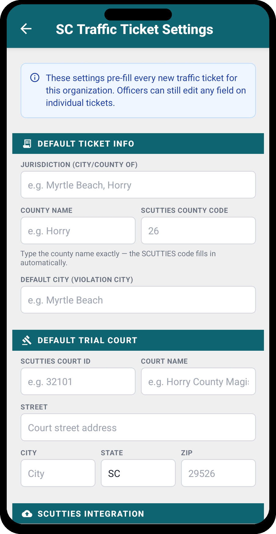 SC Traffic Ticket Settings — Default Ticket Info and Trial Court fields