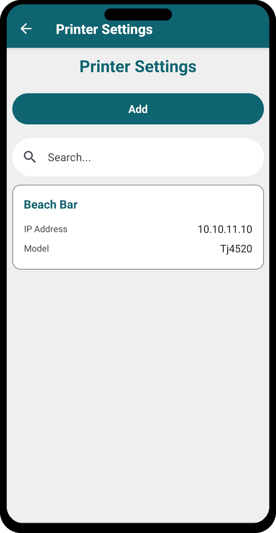 Printer Settings list — Beach Bar printer with IP address and model