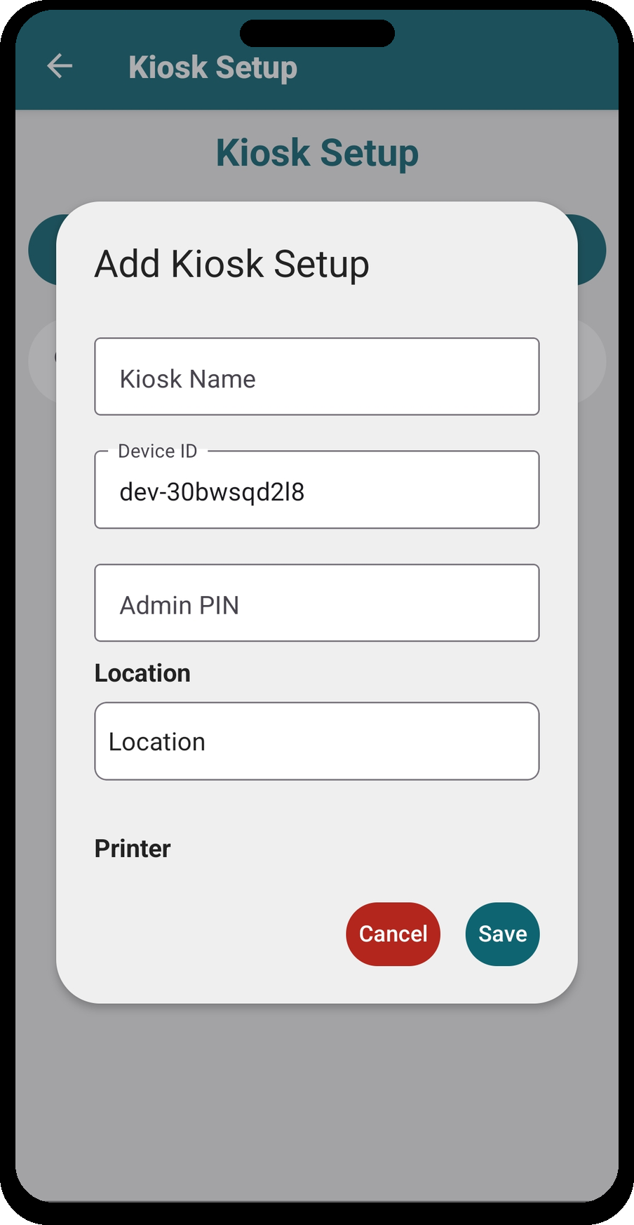 Add Kiosk Setup — Kiosk Name, Device ID, Admin PIN, Location, and Printer