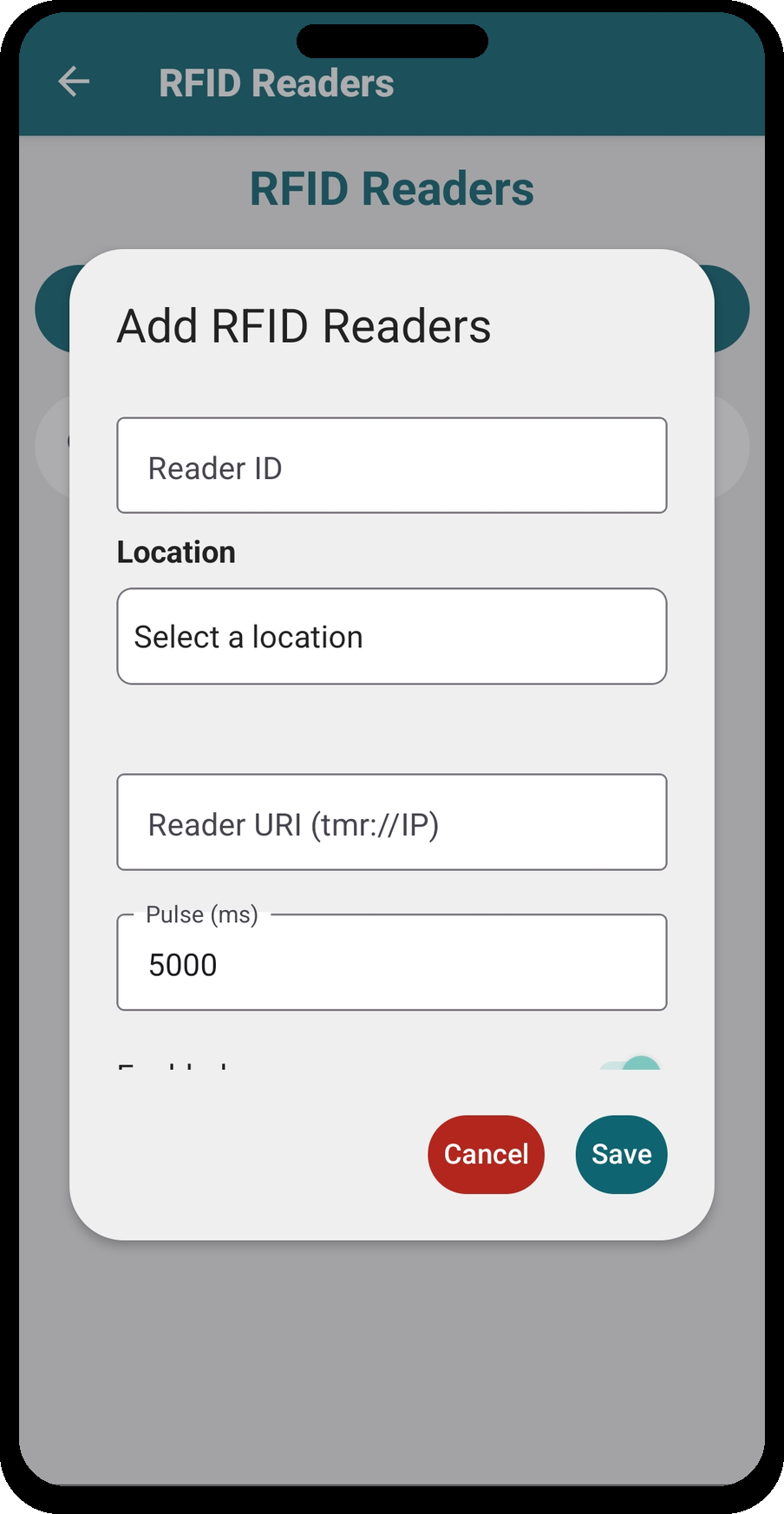 Add RFID Reader — Reader URI and pulse settings