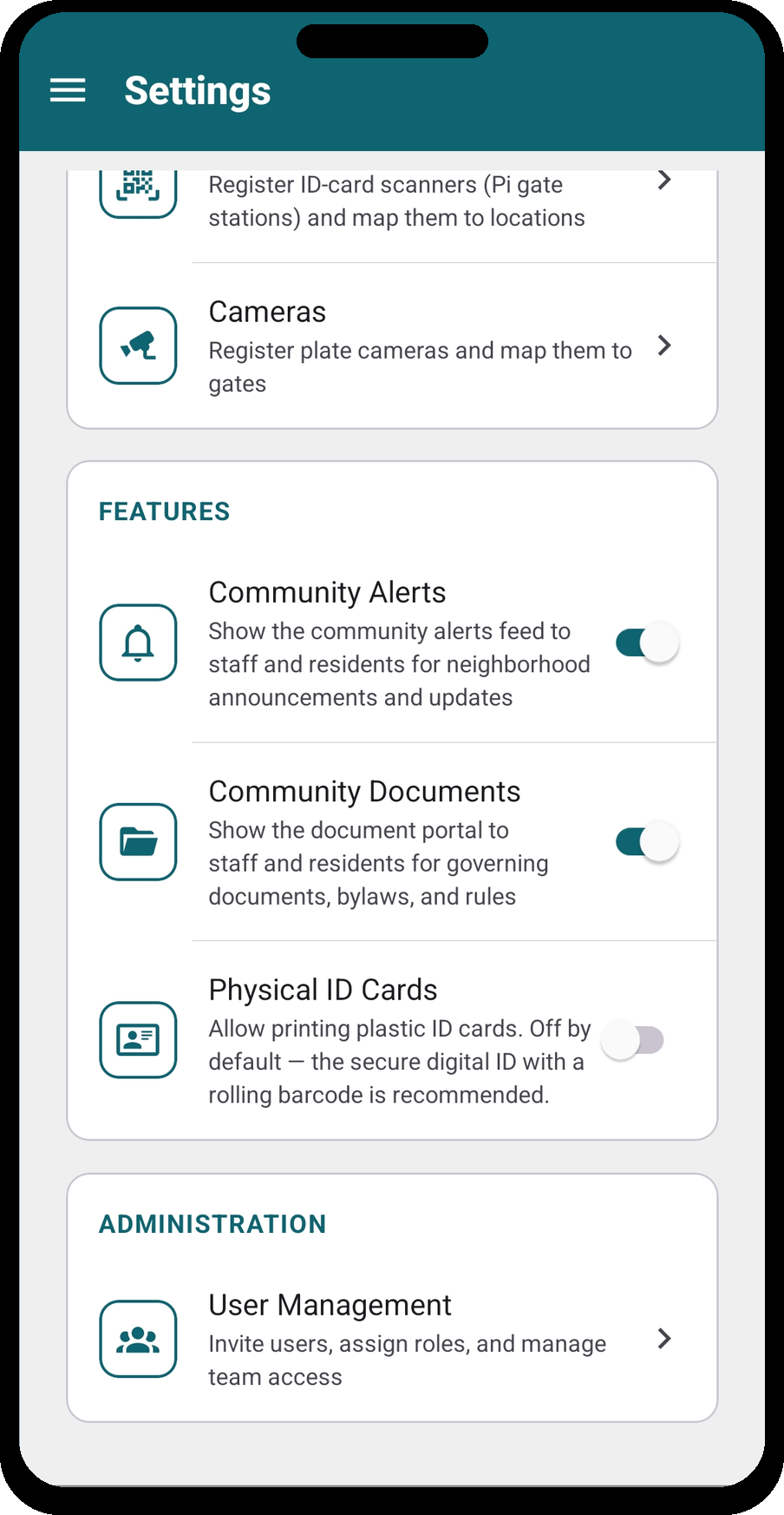 Settings — Features and Administration section