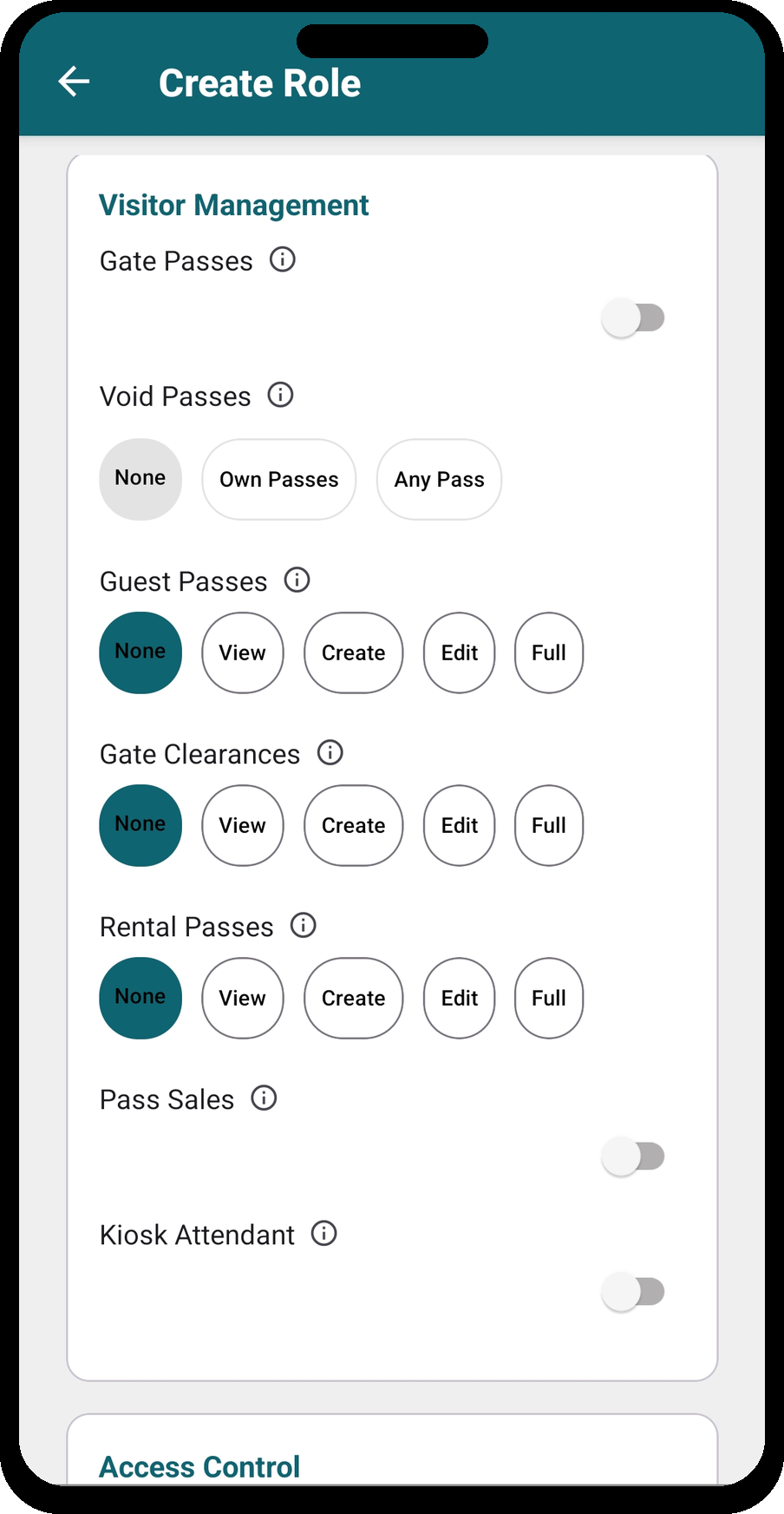 Create Role — Visitor Management permissions