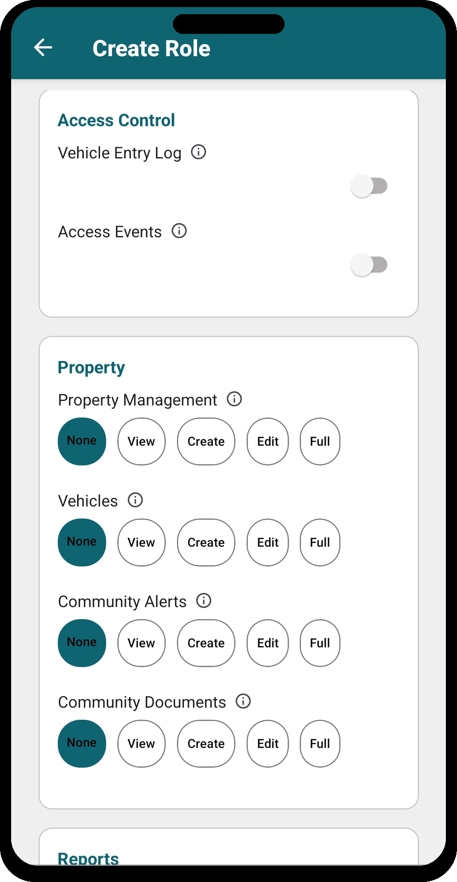 Create Role — Access Control and Property permissions