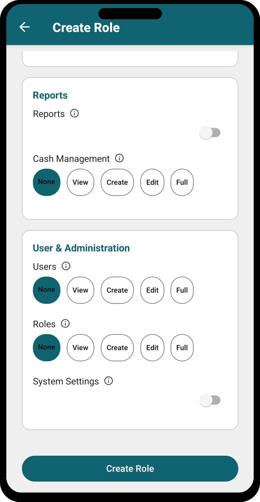 Create Role — Reports and User & Administration permissions