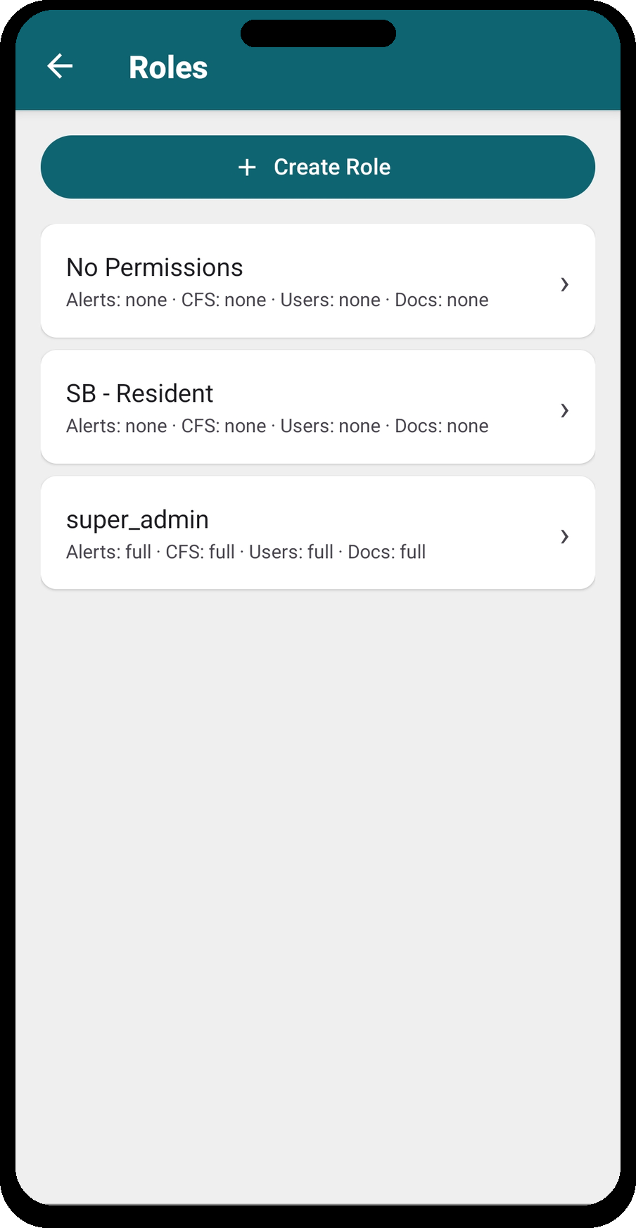 Roles list — Create Role button and existing roles with permission summary