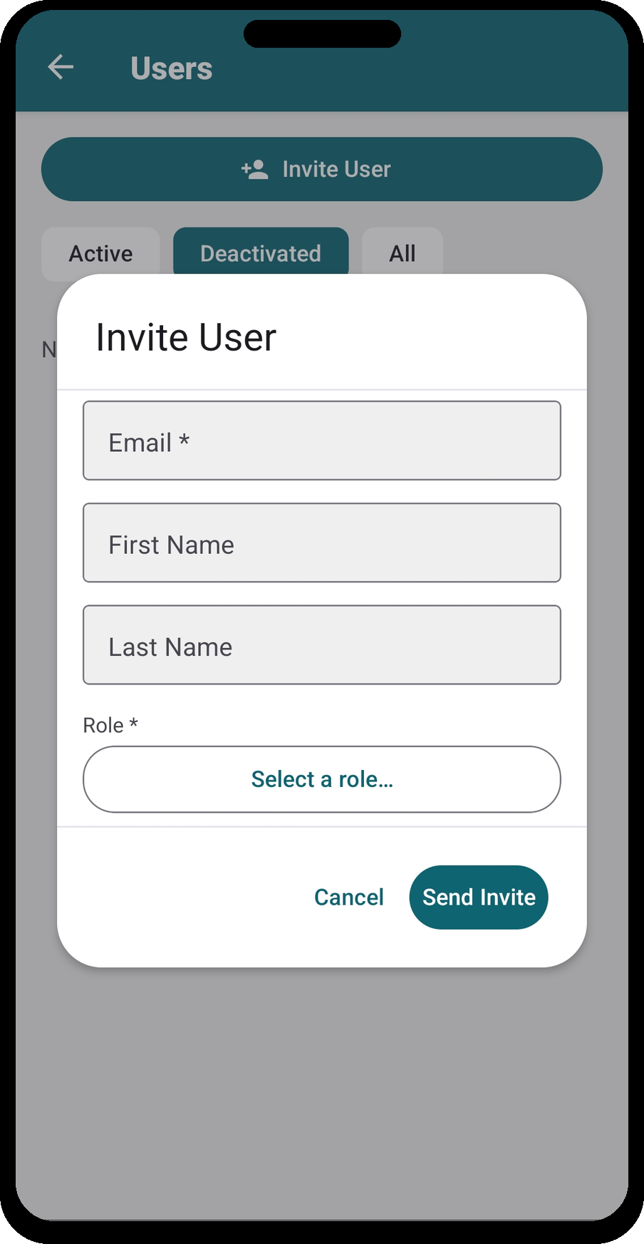 Invite User dialog — Email, First Name, Last Name, and Role fields