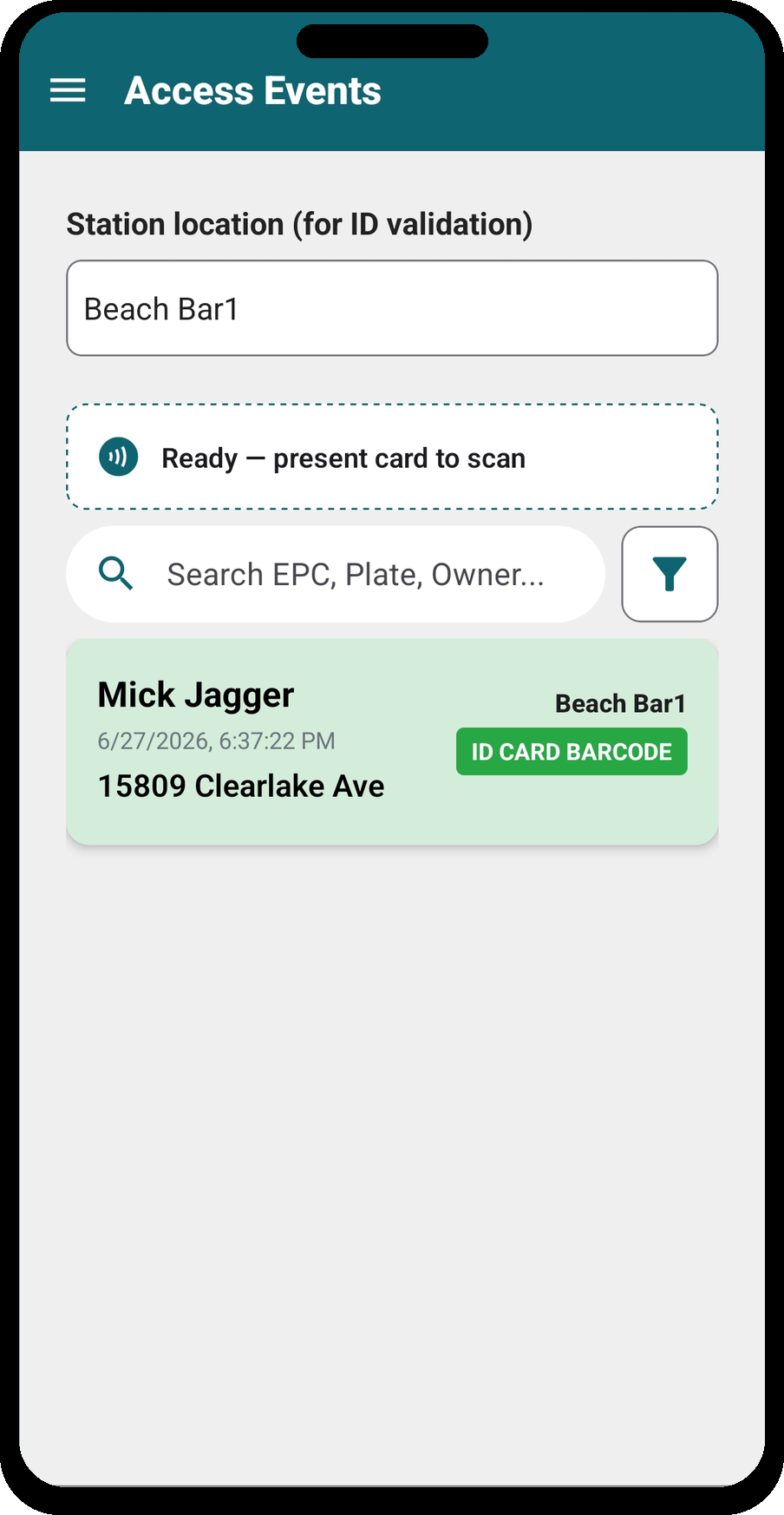 Access Events — ID card barcode scan, green authorized entry
