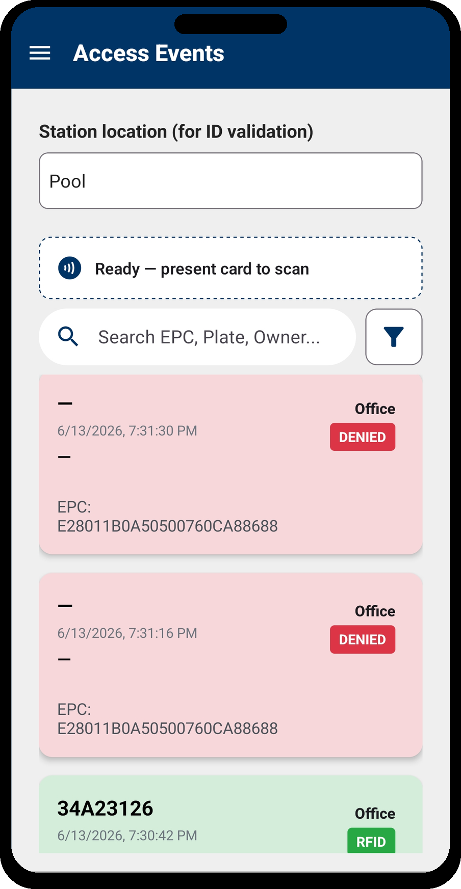Access Events — RFID authorized and denied entries