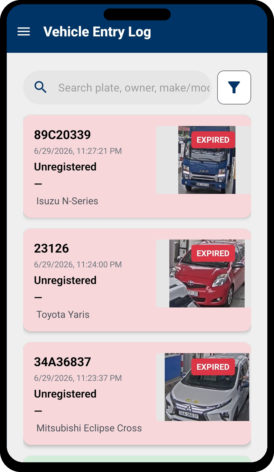 Vehicle Entry Log — EXPIRED and VALID plate entries with camera photos