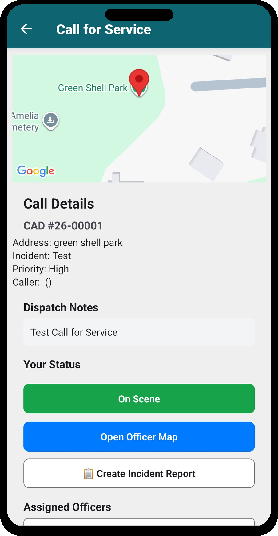 Call for Service — On Scene status