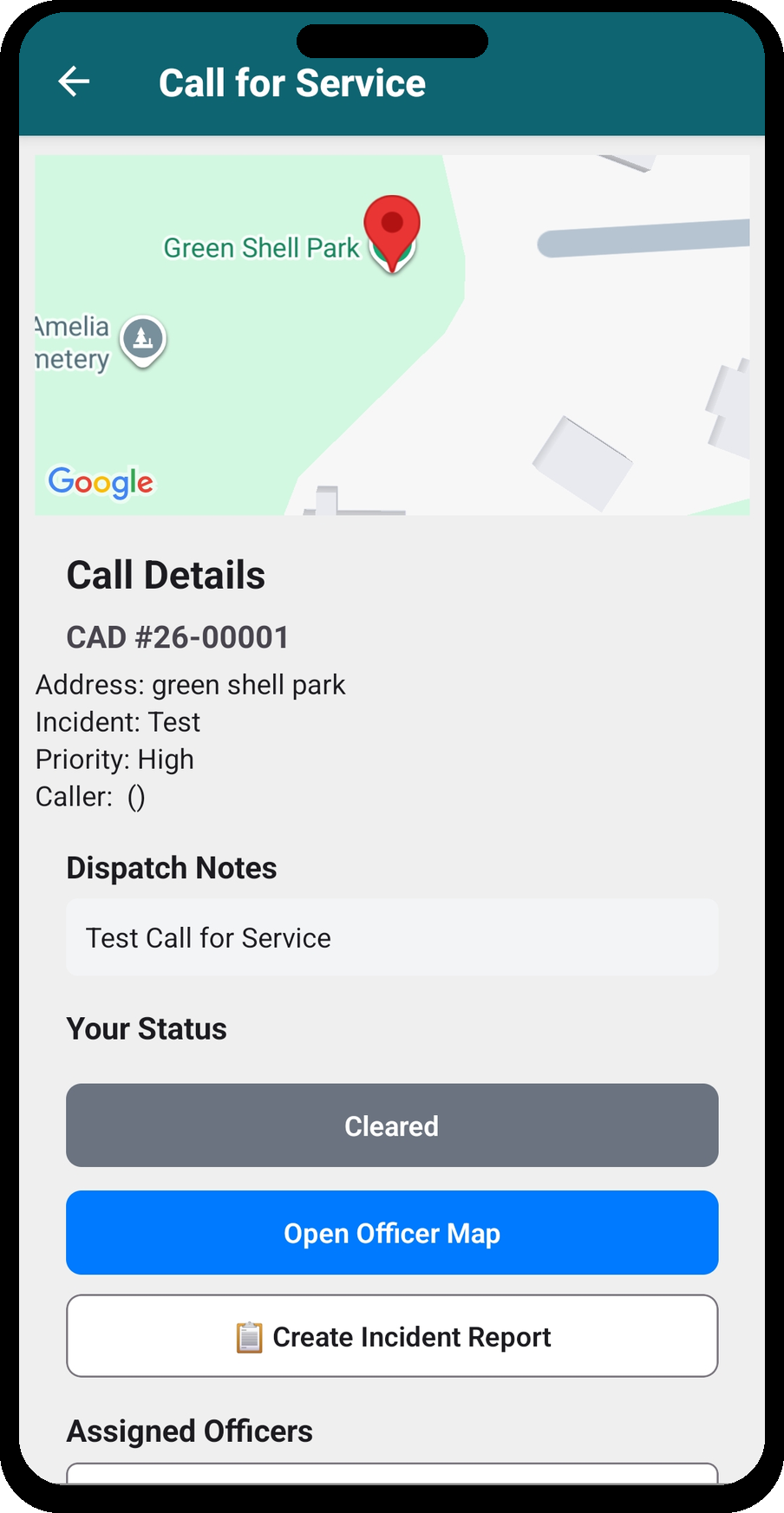 Call for Service — Cleared status