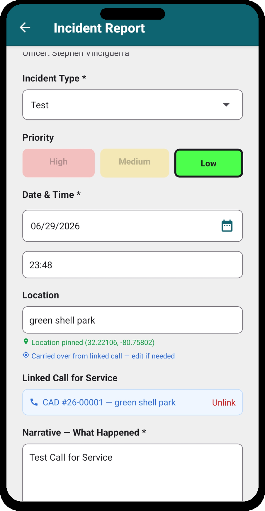 Incident Report form — incident type, priority, date/time, location pinned, linked Call for Service, and narrative