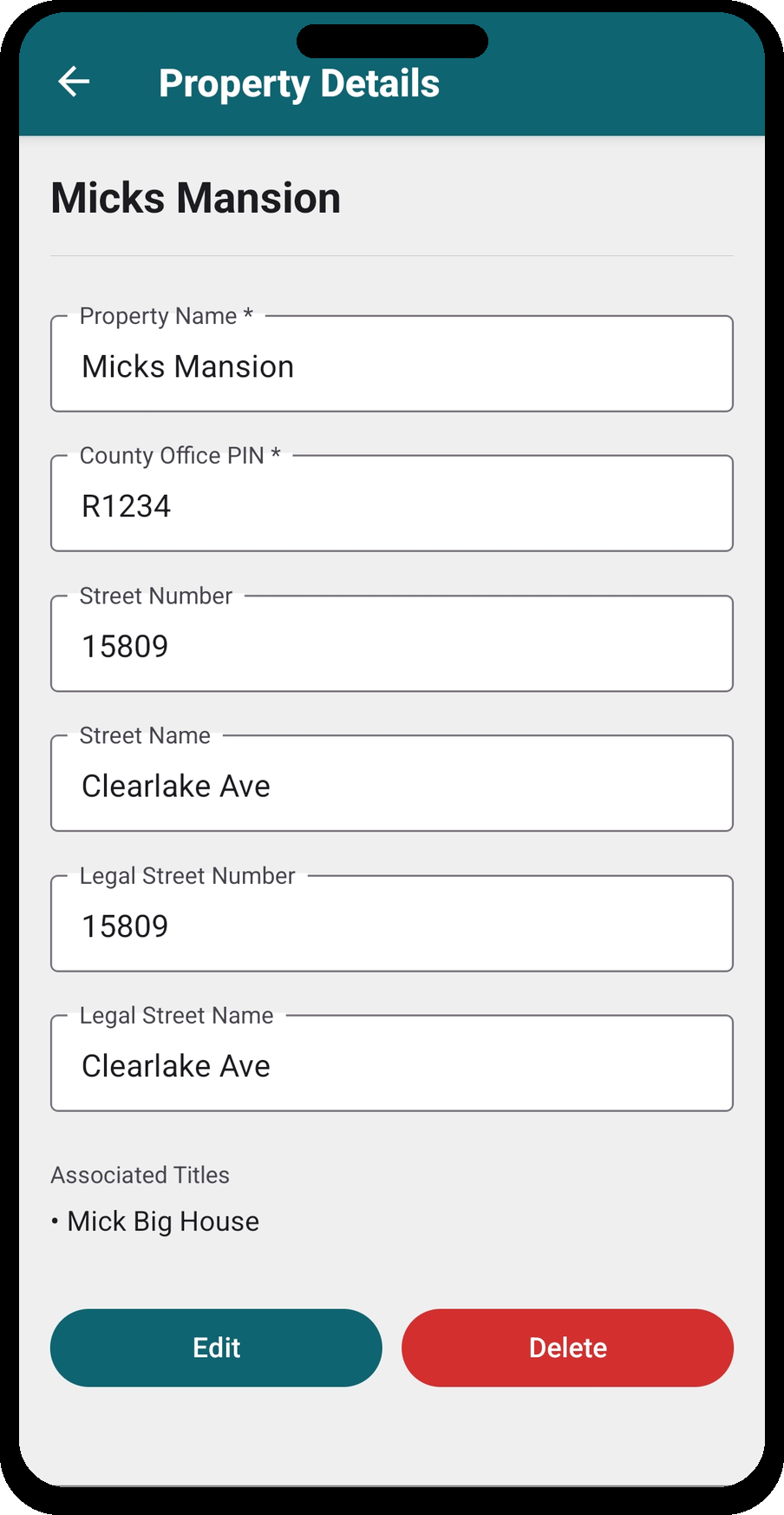 Property Details — name, PIN, address, and associated titles