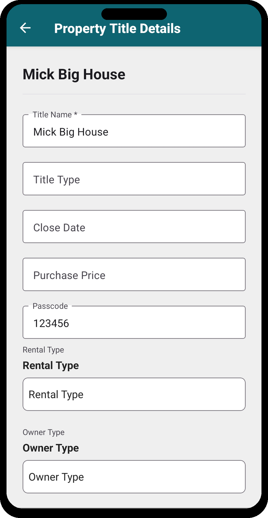 Property Title Details — title name, passcode, rental type, and owner type