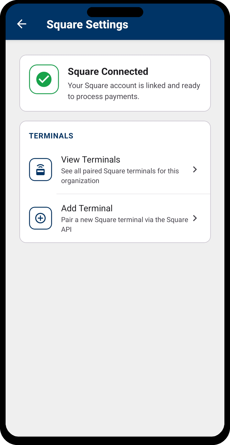 Square Connected — View Terminals and Add Terminal