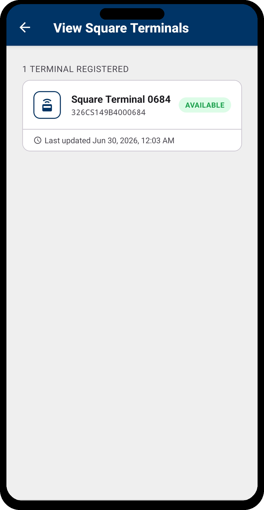 View Square Terminals — registered terminal showing AVAILABLE