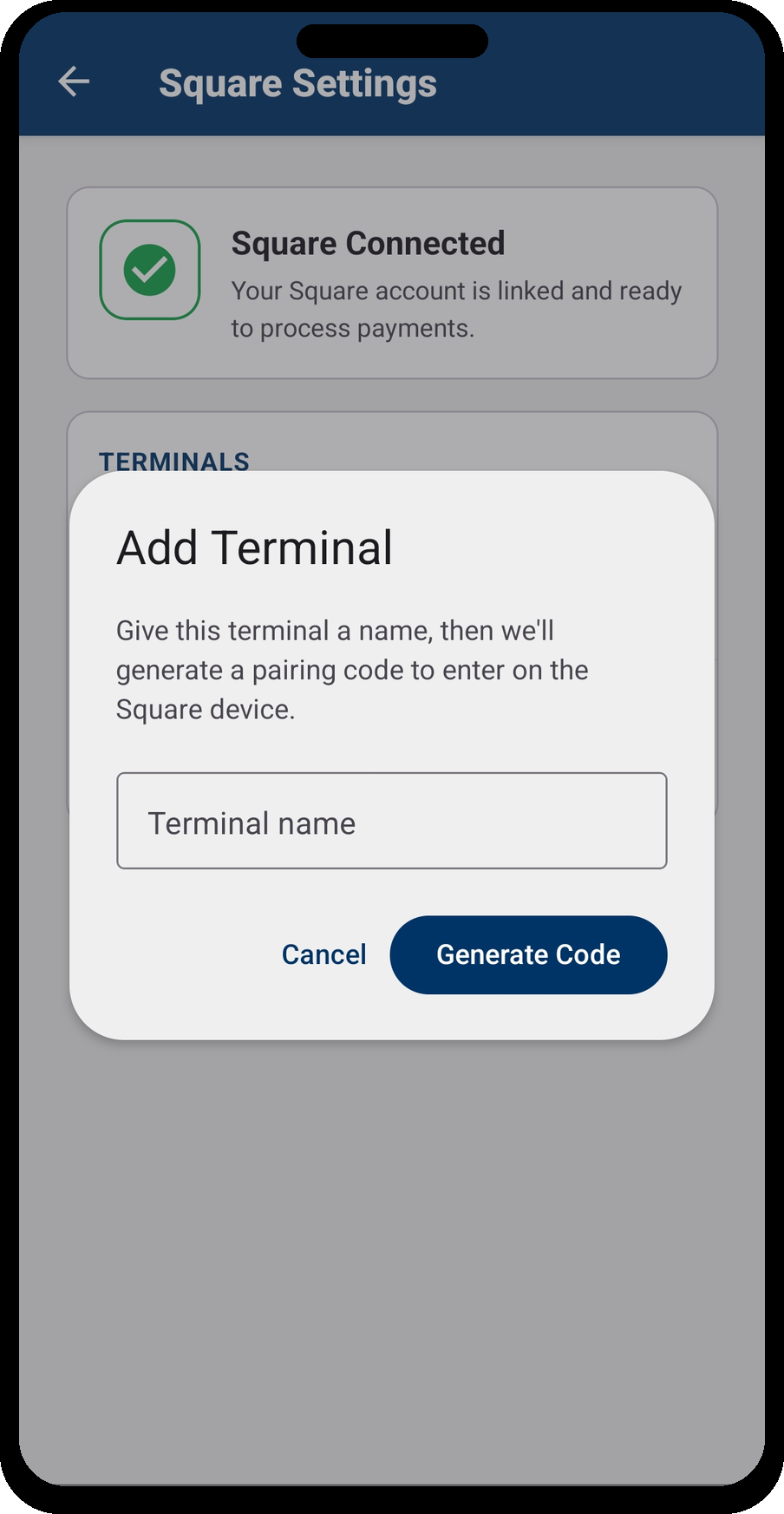 Add Terminal — terminal name and Generate Code