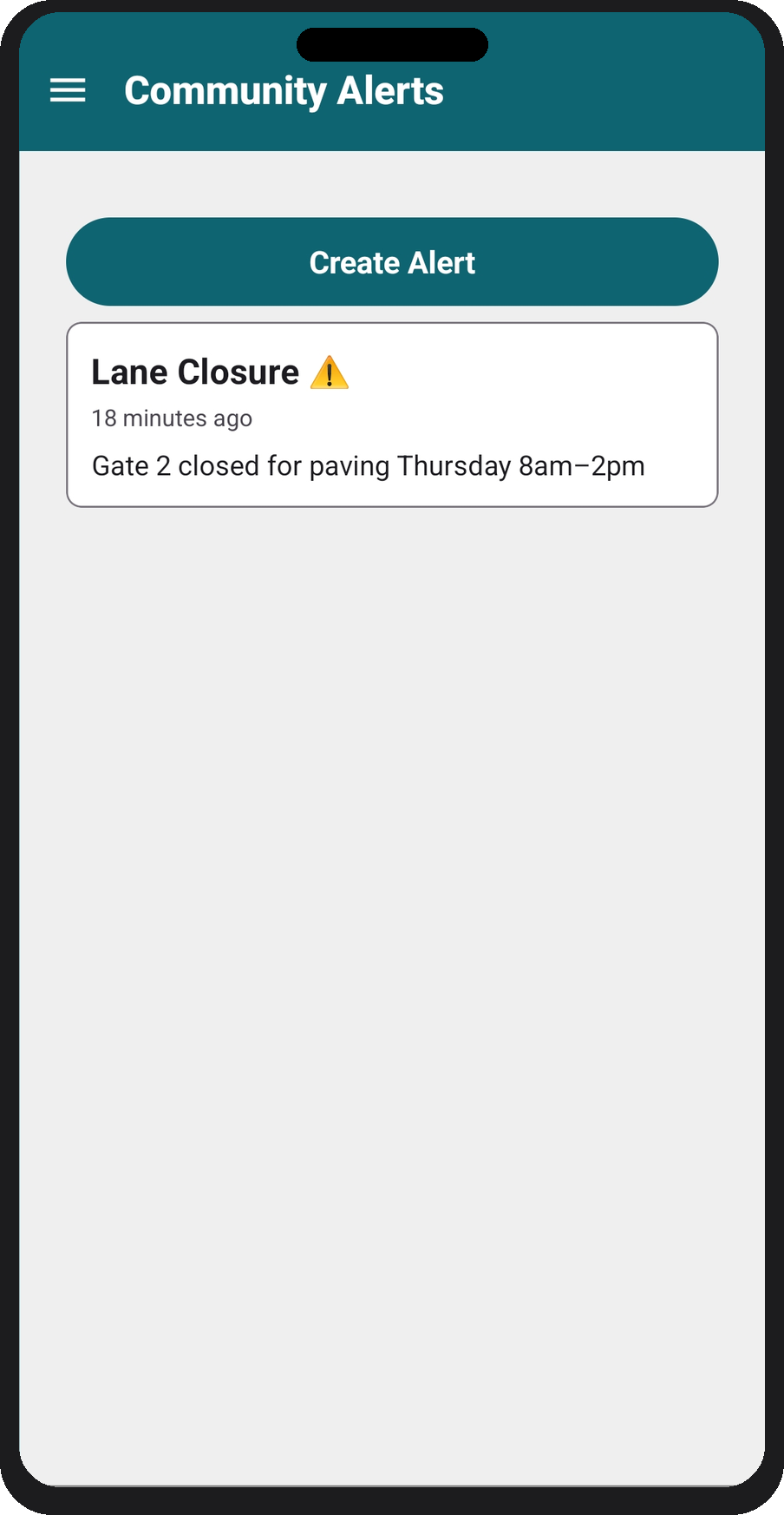 Community Alerts — announcement feed with the Create Alert button
