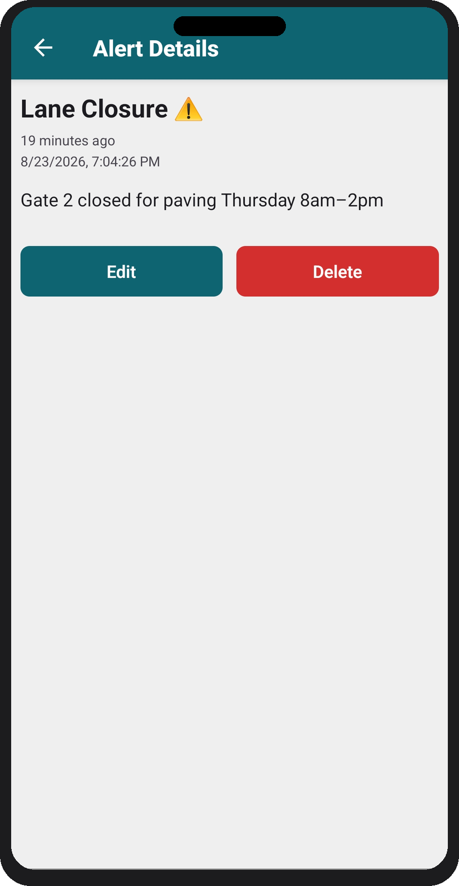 Alert details screen showing the Edit and Delete actions