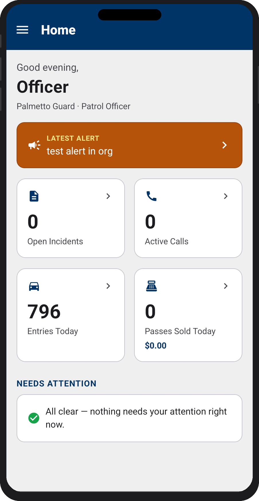 Home screen — Officer Dashboard