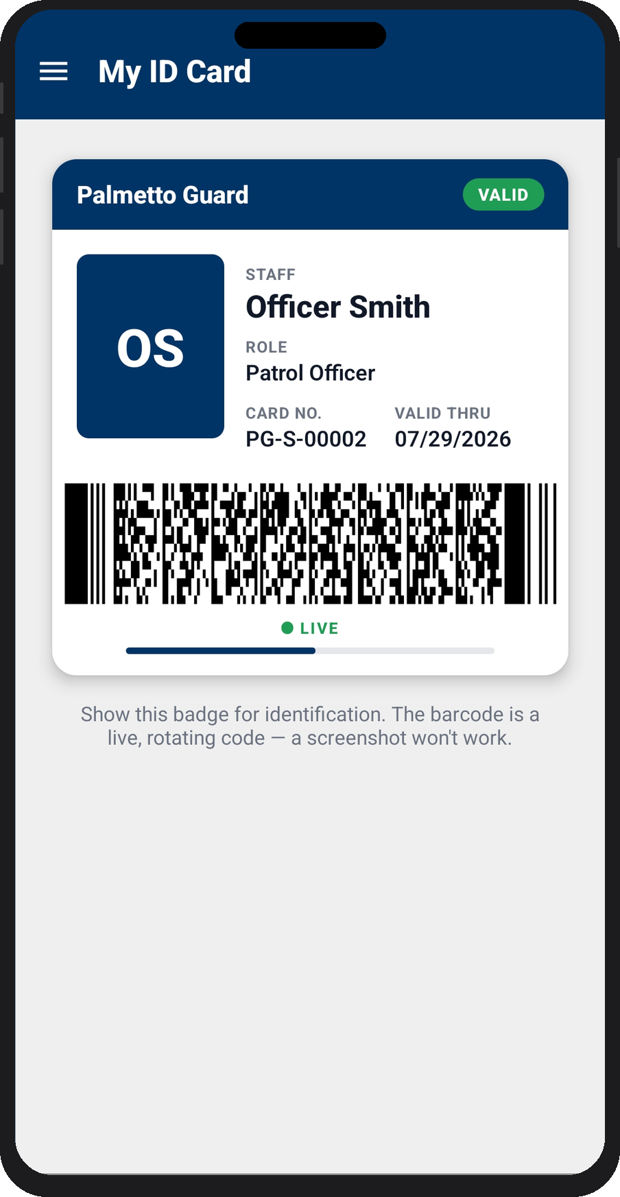 My ID Card — live rotating barcode badge