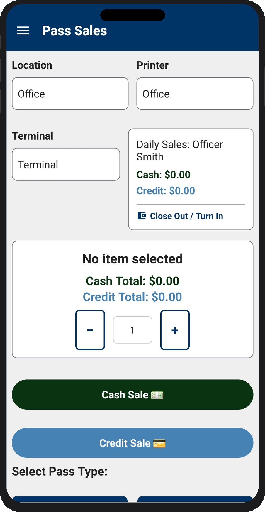 Pass Sales — select type, quantity, and payment method