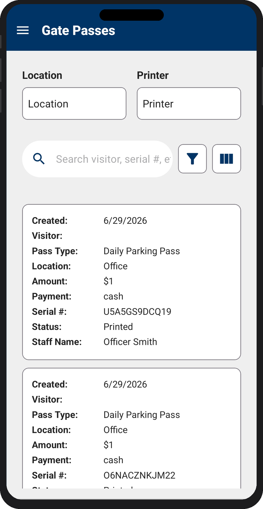Gate Passes — pass list with serial numbers and status