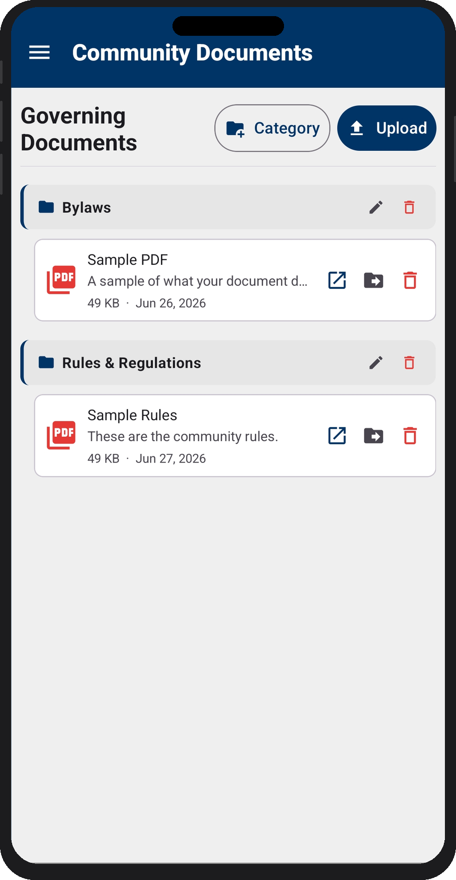 Community Documents — governing docs organized by category