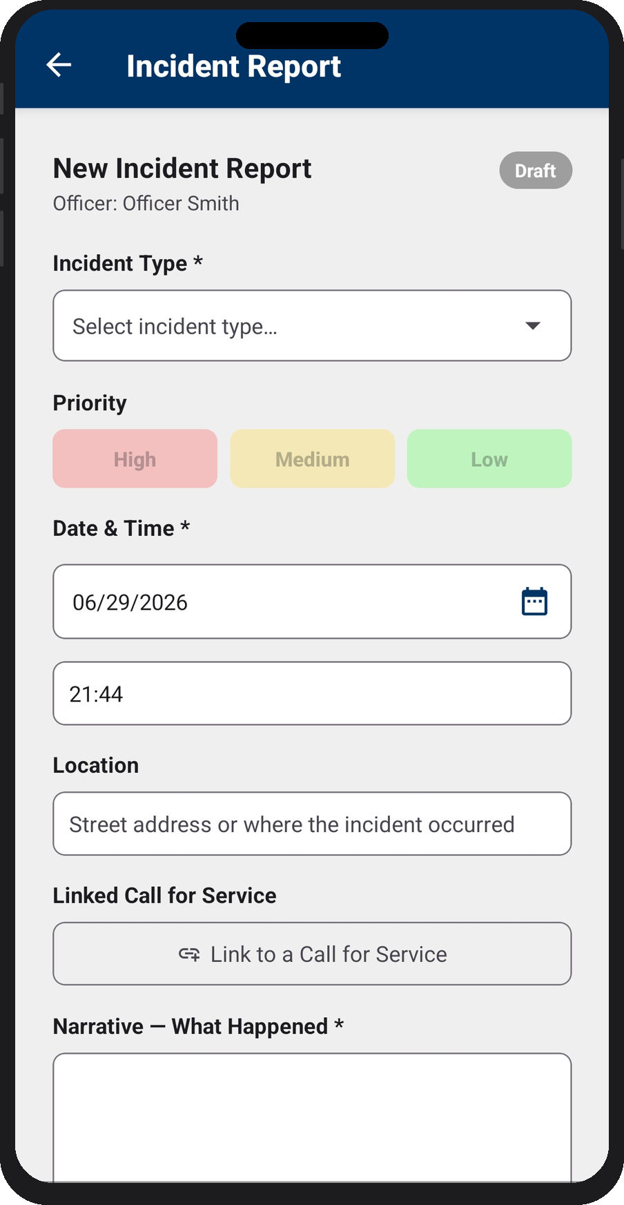 Incident Report — type, priority, date, location, and narrative