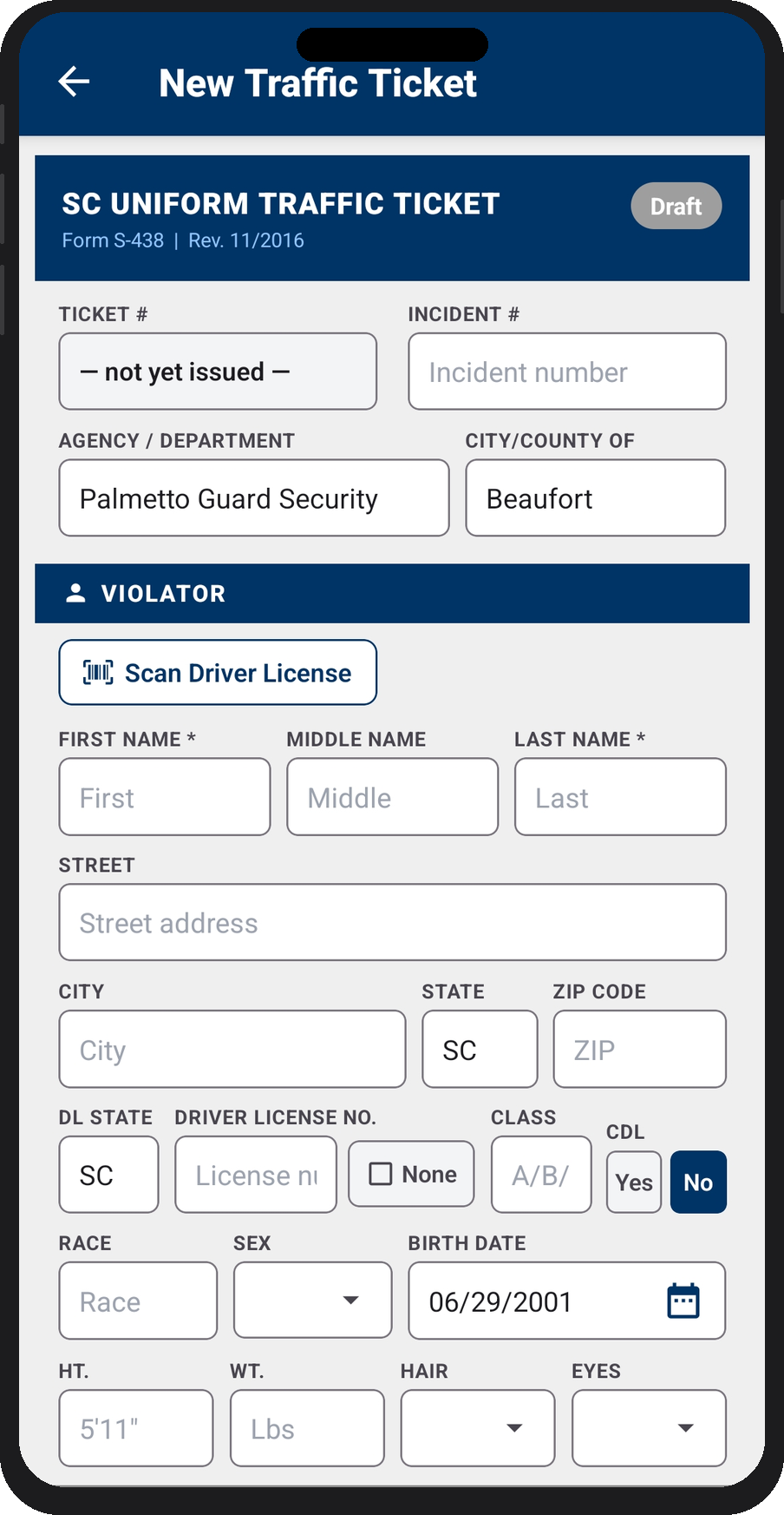 Traffic Ticket — SC Uniform Traffic Ticket with driver license scan