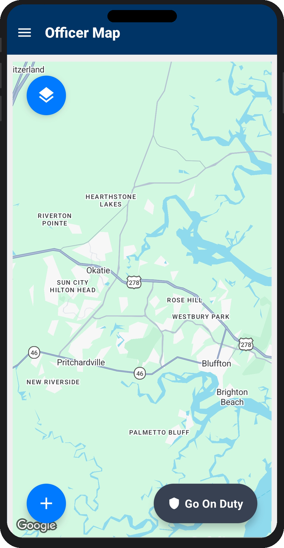 Officer Map — live map with Go On Duty button