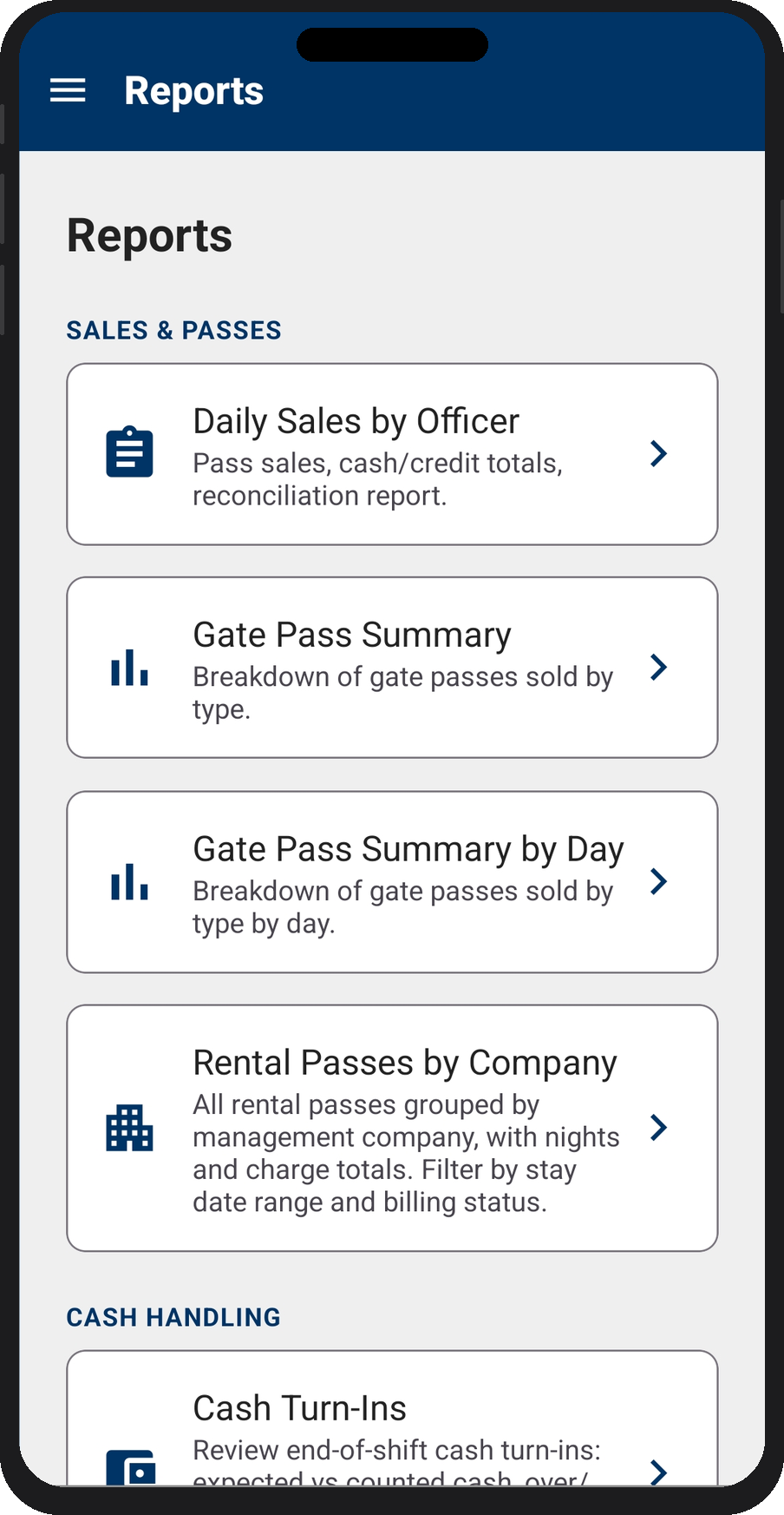 Reports — Sales & Passes and Cash Handling categories