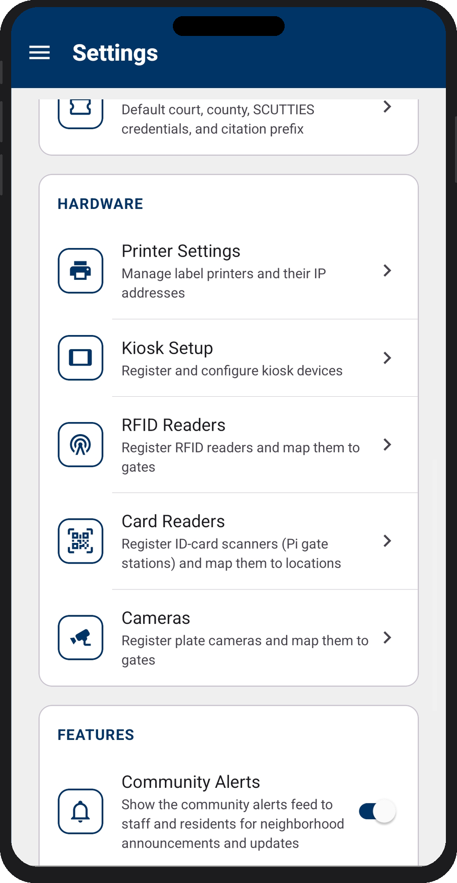 Settings — Hardware section overview