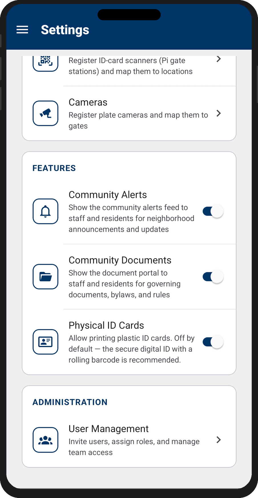 Settings — Features toggles for Community Alerts, Community Documents, and Physical ID Cards