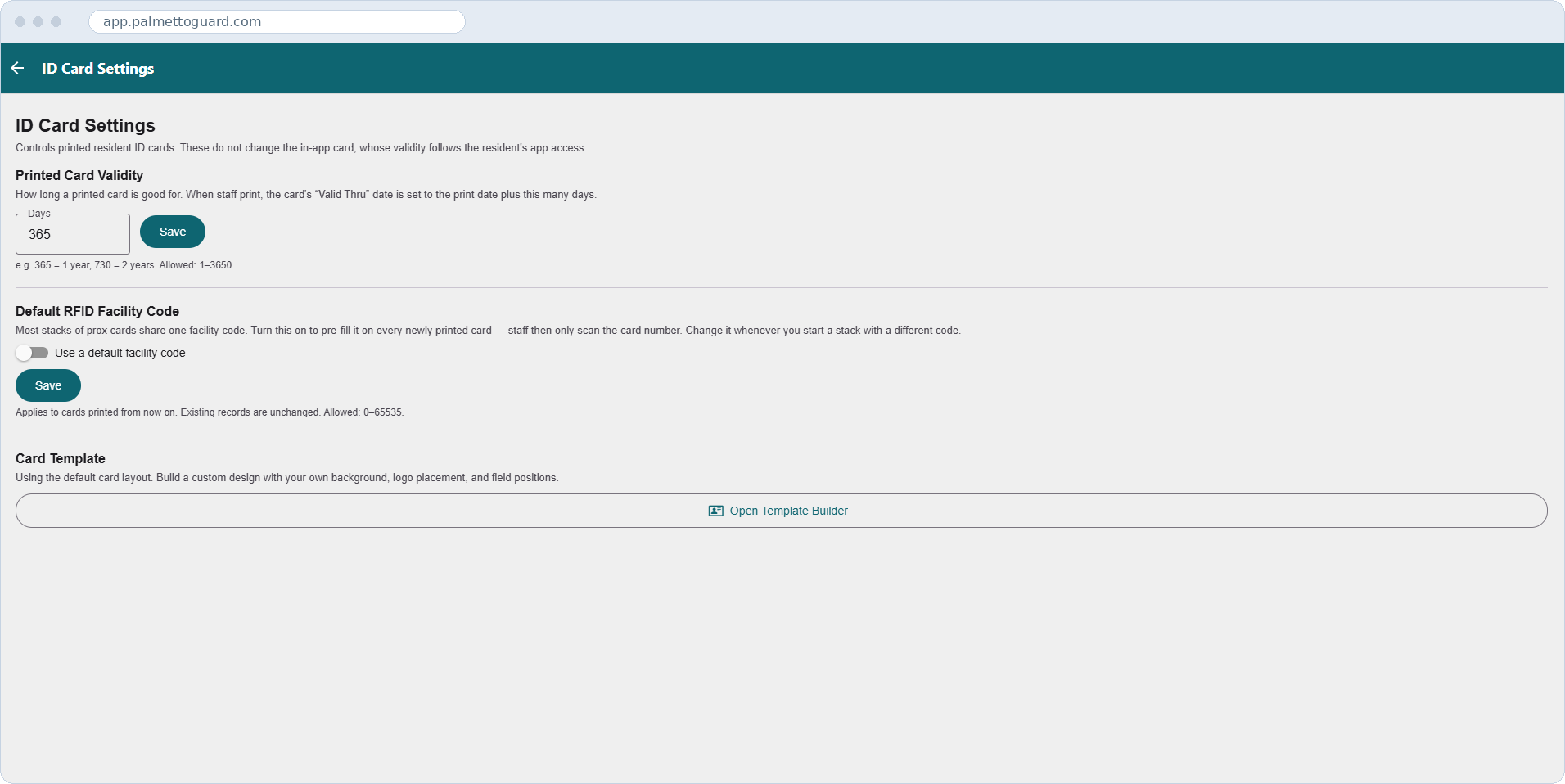 ID Card Settings — printed card validity, default RFID facility code, and the Template Builder link