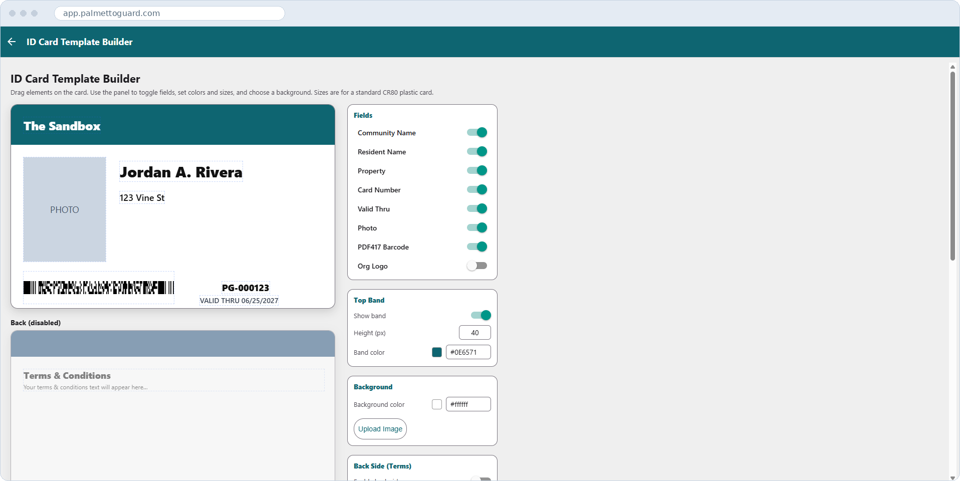 ID Card Template Builder — dragging fields on a CR80 card, with toggles for each field and controls for the band colour and background